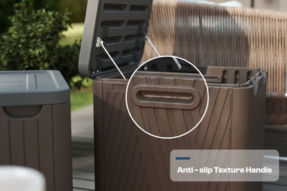 Brown outdoor trash bin with open lid and anti-slip texture handle highlighted, set against a blurred garden background.