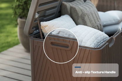 Brown storage bin with anti-slip texture handle on a wooden deck