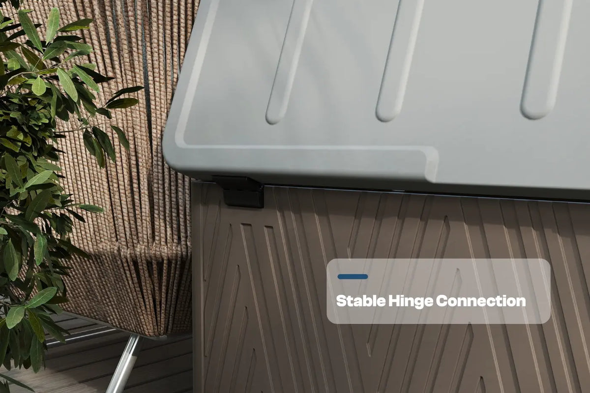 Outdoor storage bin with a stable hinge connection label on a wooden deck.