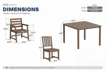 Dimensions of a brown chair and table set with measurements on a white background.