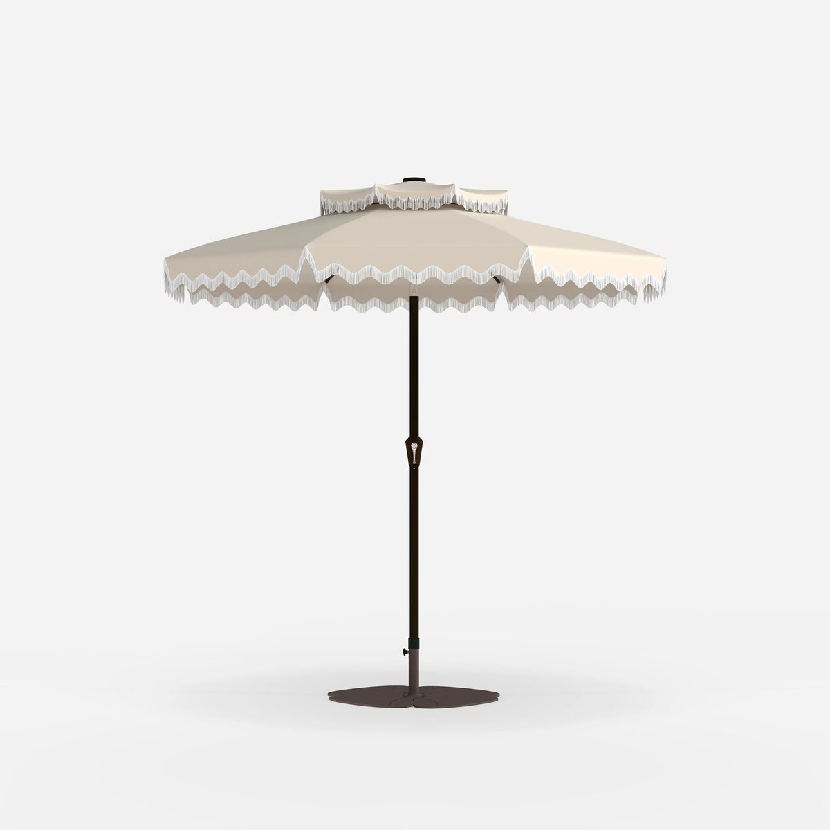 Beige patio umbrella with scalloped edge on a white background