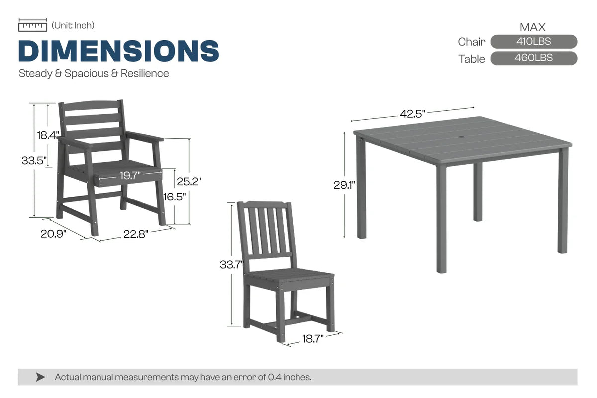 Dimensions of a gray table and chairs with measurement labels on a white background