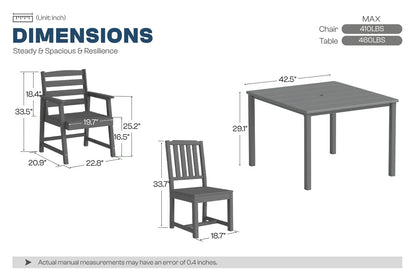 Dimensions of a gray table and chairs with measurement labels on a white background