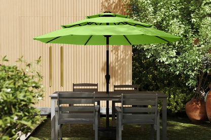 Outdoor furniture set with a green umbrella in a garden setting