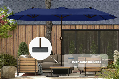 Blue patio umbrella with base included on a patio setting