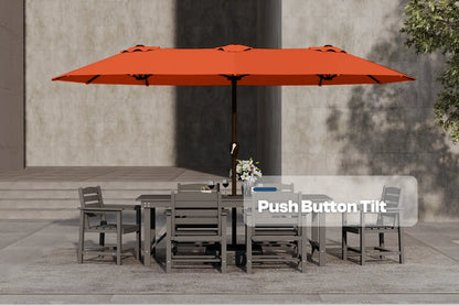 Orange patio umbrella with push button tilt feature over a dining set on a patio.