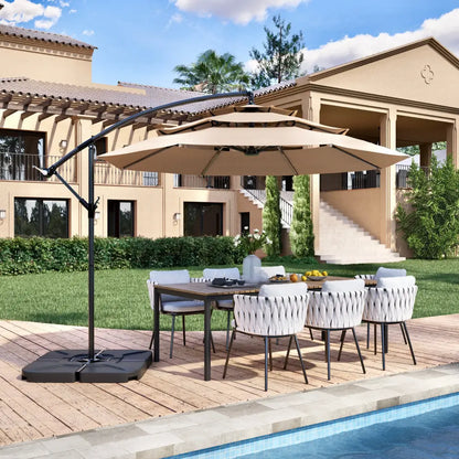 Large patio umbrella over dining table with chairs in a residential backyard.