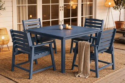 Blue outdoor dining set with table and 4 chairs on a patio.