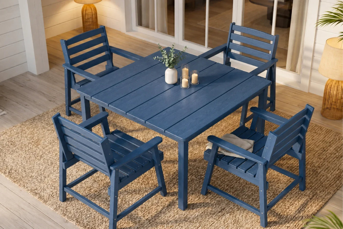 Blue outdoor dining set with table and 4 chairs on a wooden floor.