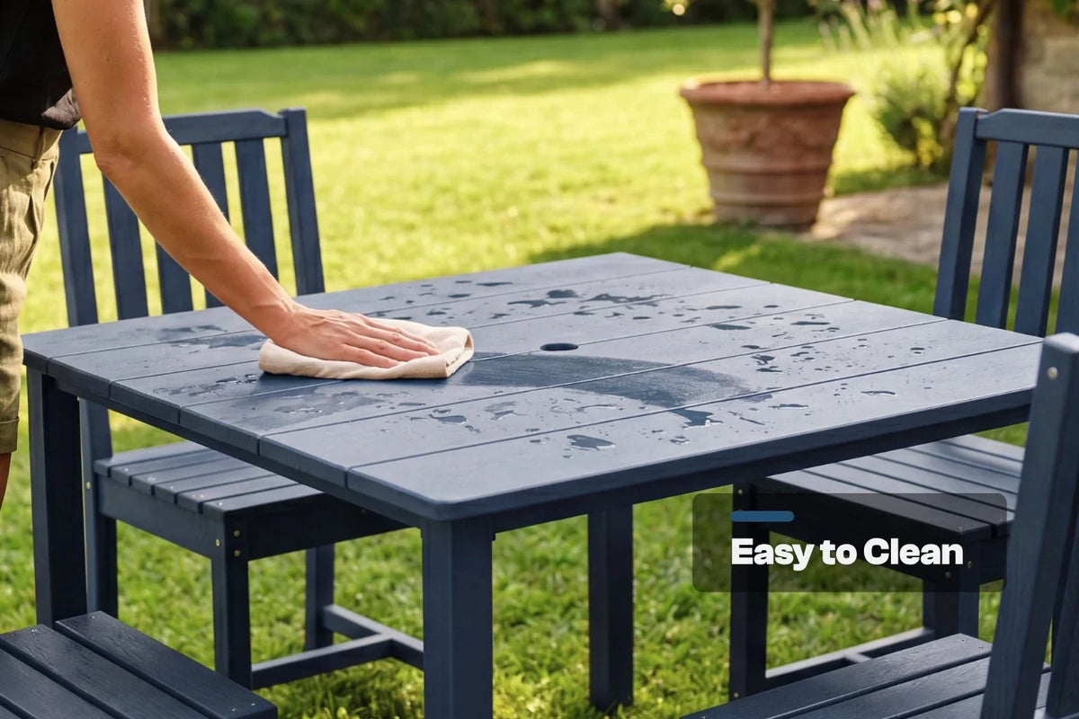 Person cleaning a blue outdoor table with a cloth in a garden setting.