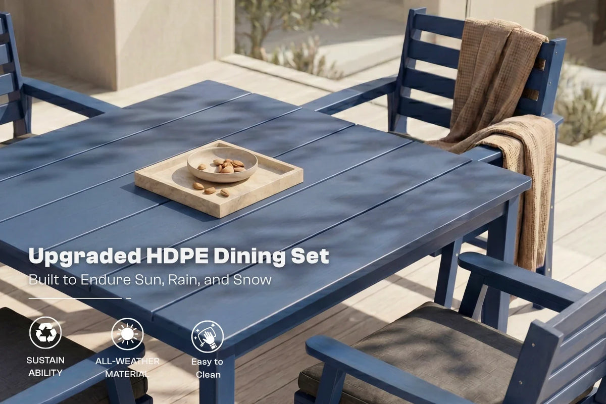 Blue outdoor dining set with 4 chairs and a table on a patio, featuring text about HDPE material.