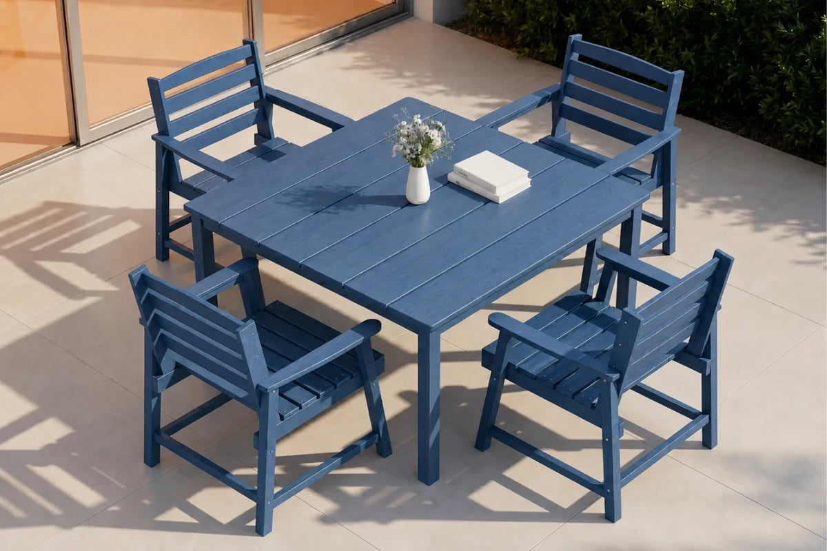 Blue outdoor table with four matching chairs on a patio.