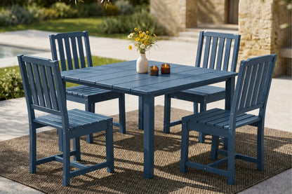 Blue outdoor dining set with table and 4 chairs on a patio.