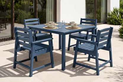 Blue outdoor dining set with table and 4 chairs on a patio.