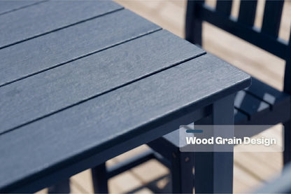 Blue HDPE table with 'Wood Grain Design' text overlay