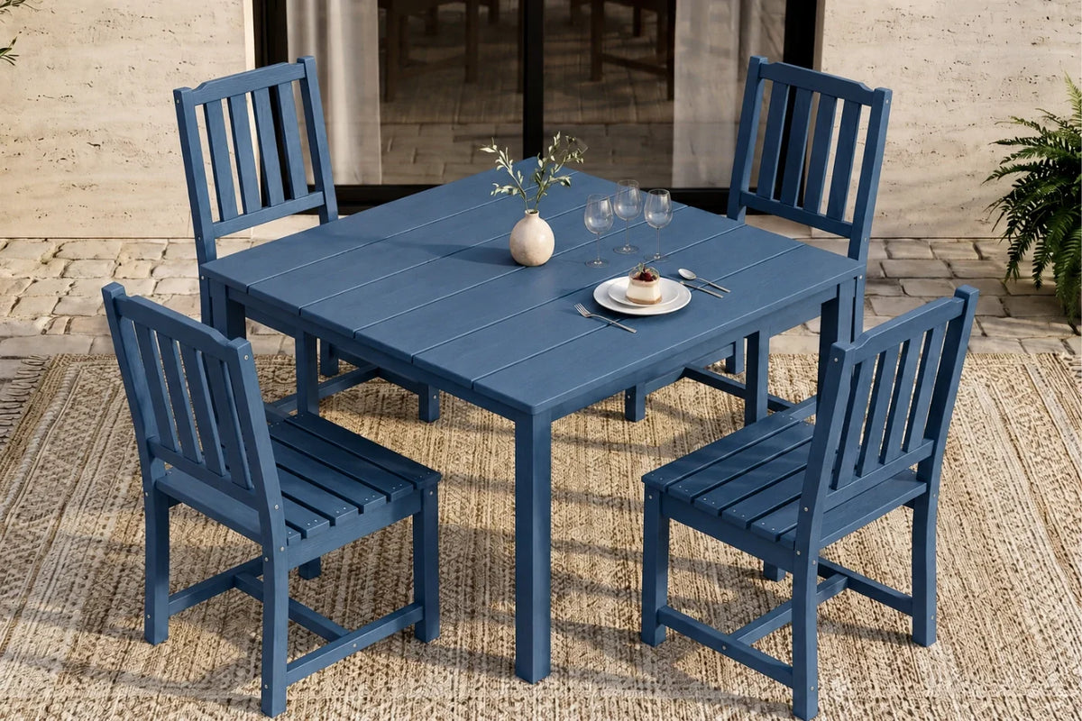 Blue outdoor dining set with table and 4 chairs on a textured surface.