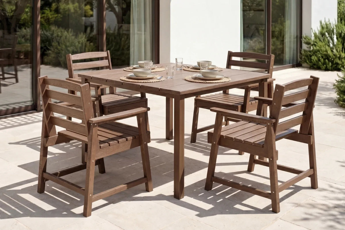 Brown outdoor dining set with table and 4 chairs on a patio.