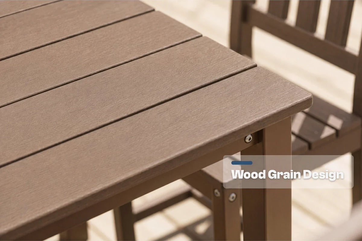 Brown table with a wood grain design, blurred background