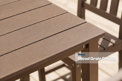 Brown table with a wood grain design, blurred background