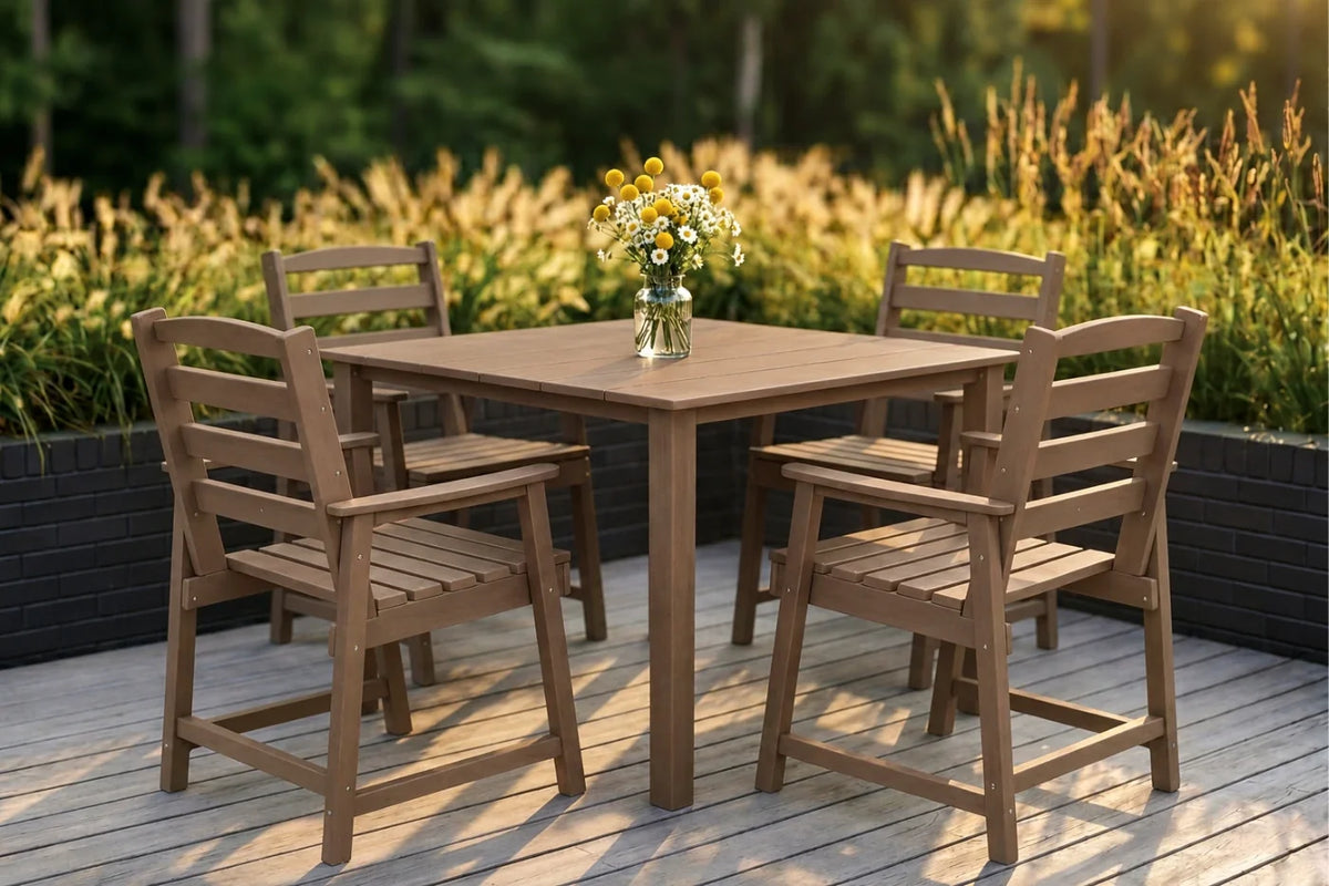 Brown outdoor dining set with table and chairs on a deck, featuring a vase of flowers.
