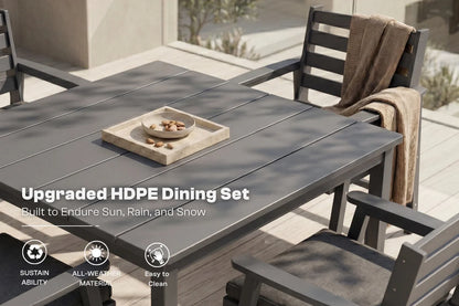 Gray Outdoor dining set with table and 4 chairs on a patio, featuring text about HDPE material.