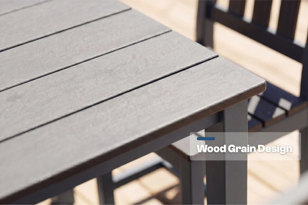 Gray HDPE table with wood grain design label