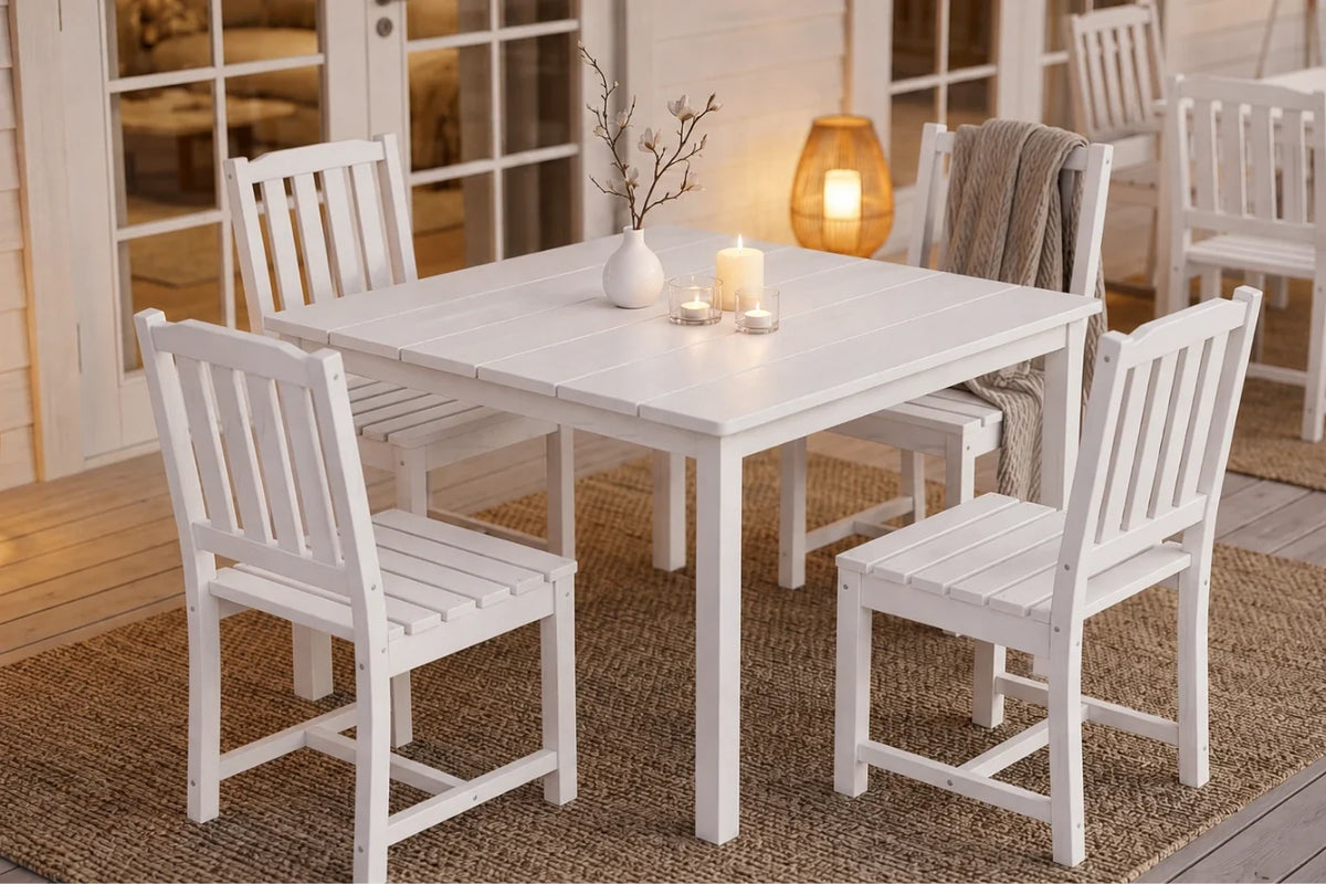 White dining table with 4 chairs in a cozy indoor setting