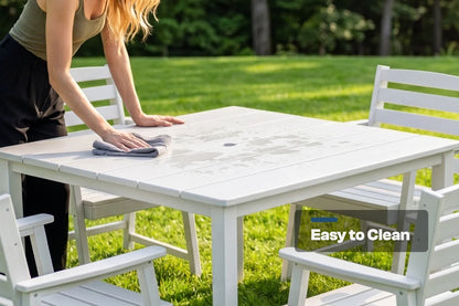 Person cleaning a white outdoor table with 4 chairs in a grassy area, with text 'Easy to Clean' displayed.