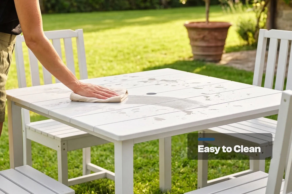 Person cleaning a white outdoor table with 4 chairs in a garden setting, emphasizing ease of cleaning.