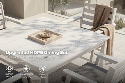 White Outdoor dining set with table and 4 chairs on a patio, featuring text about HDPE material.