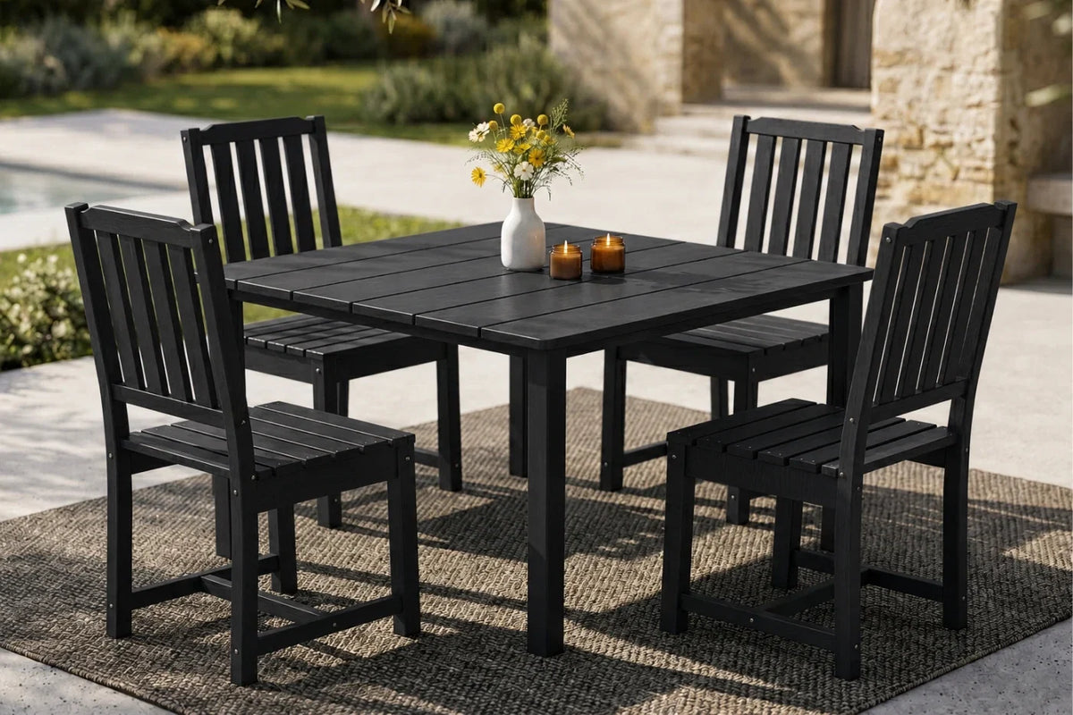 Black outdoor dining set with table and 4 armless chairs on a patio