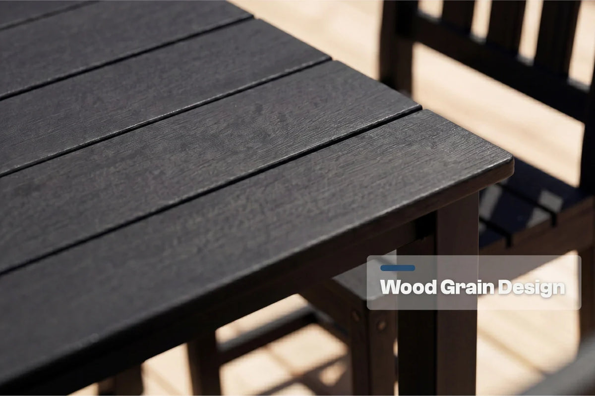 Black HDPE table with 'Wood Grain Design' text overlay