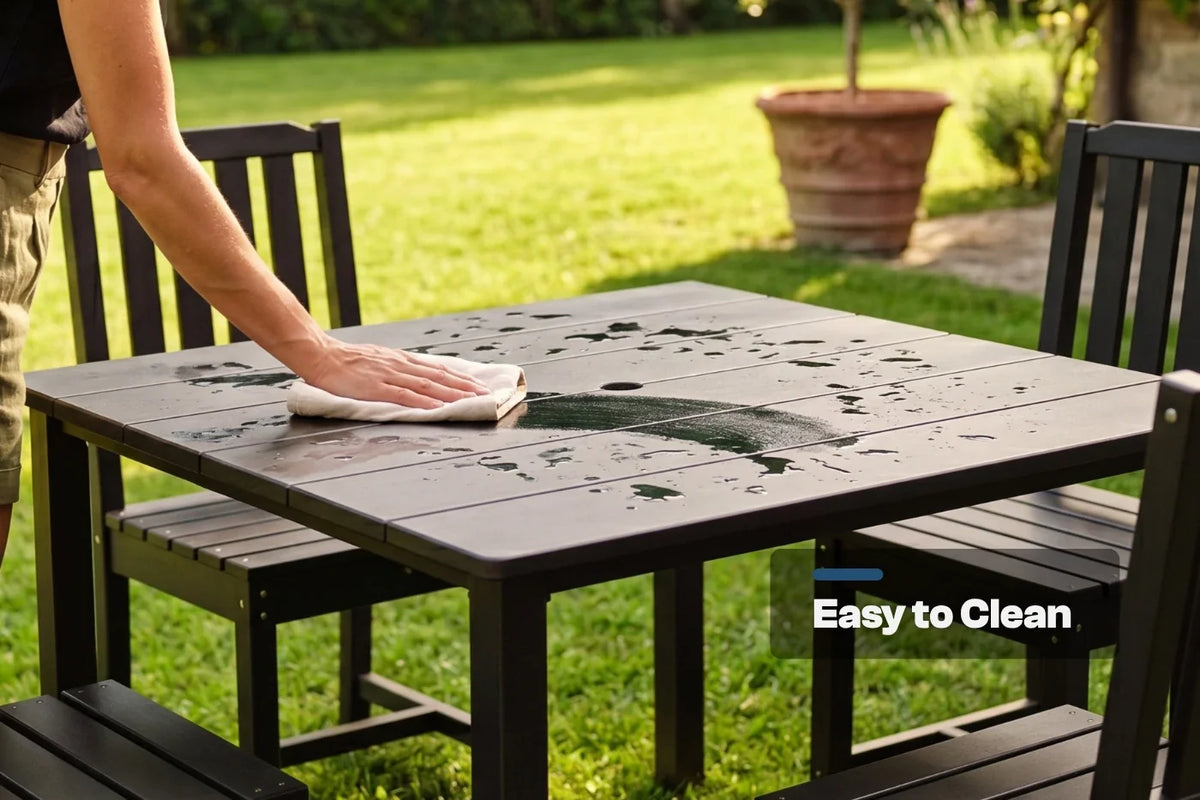 Person cleaning a black outdoor table with 4 armless chairs in the background