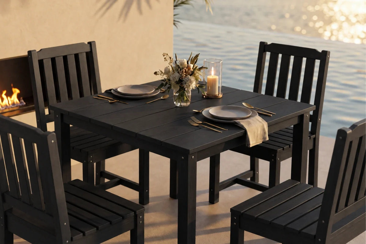 A black outdoor dining set consisting of a  table and four matching armless chairs, styled with plates, cutlery, a candle, and a floral centerpiece on a patio with a fireplace and water in the background.