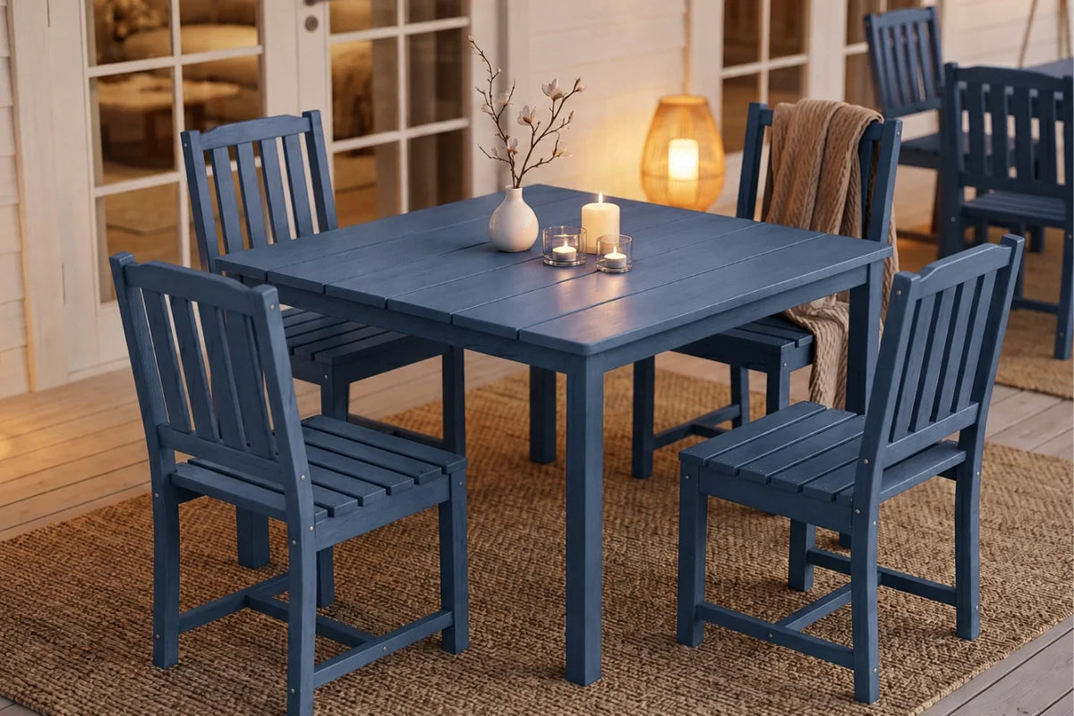 Blue dining table with 4 armless chairs in a room setting