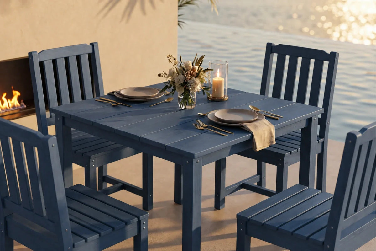 A navy blue 5-piece outdoor dining set including a  table and four matching armless  chairs, styled with plates, cutlery, a candle, and a floral centerpiece on a patio with a fireplace and water in the background.