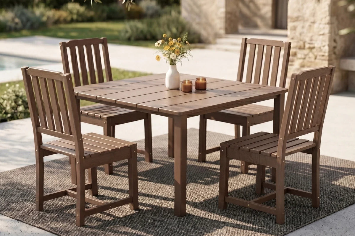 Brown outdoor dining set with table and 4 armless chairs on a patio.