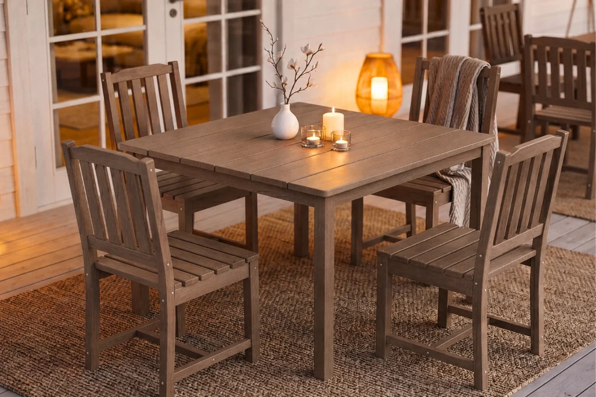 Brown table with 4 armless chairs in a cozy indoor setting with warm lighting.