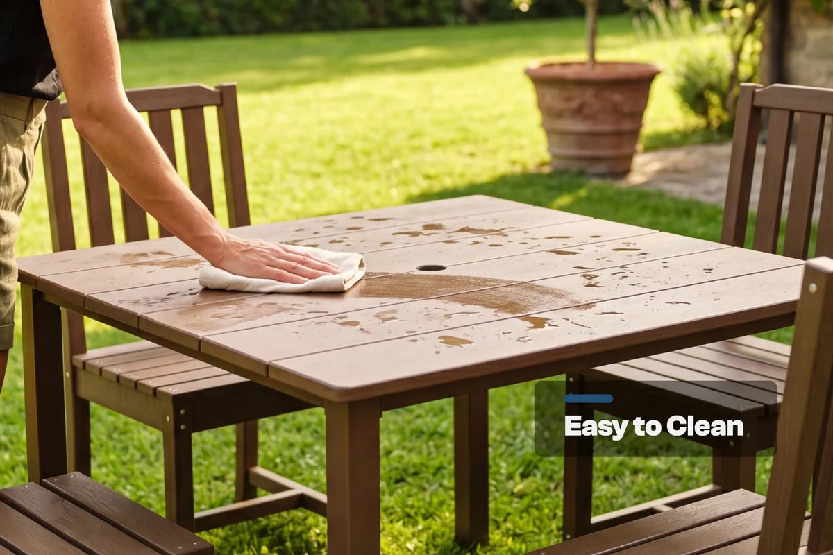 Person cleaning a brown outdoor table with 4 armless chairs in the background.