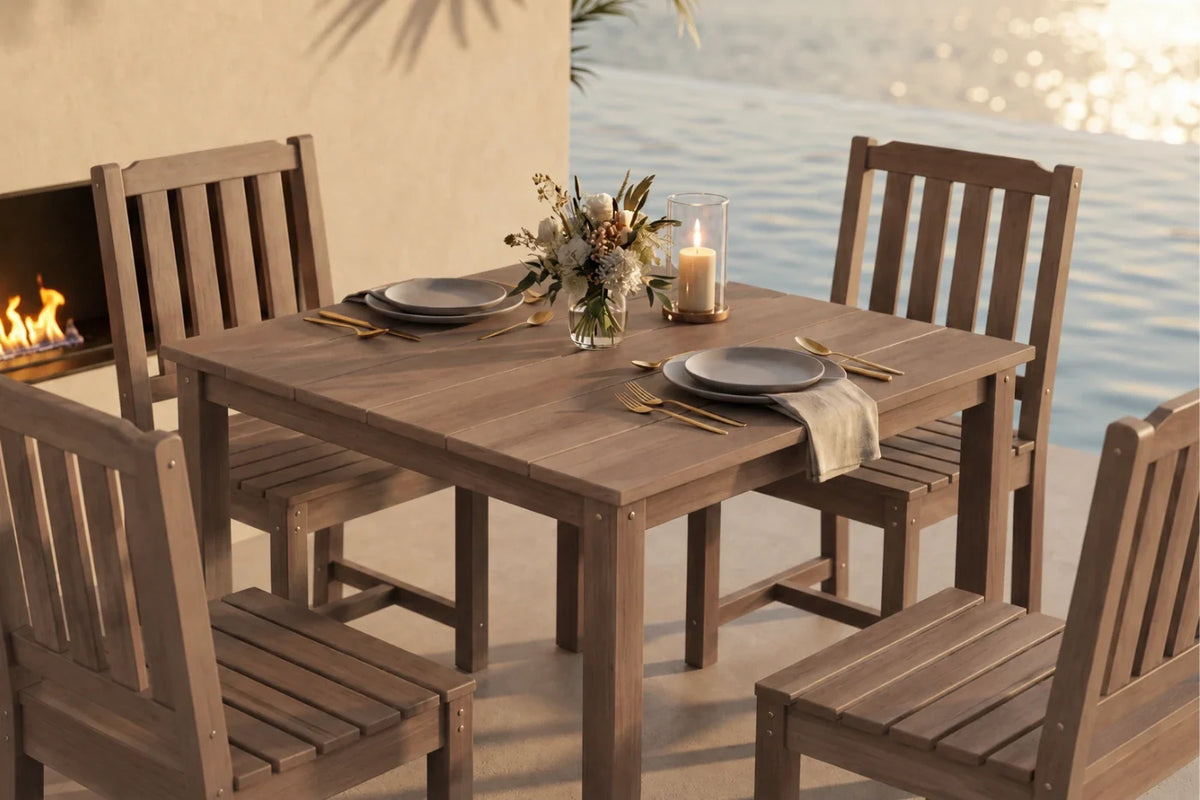 A 5-piece outdoor dining set consisting of a square brown table and four matching armless chairs, styled with plates, cutlery, a candle, and a floral centerpiece on a patio with a fireplace and water in the background.