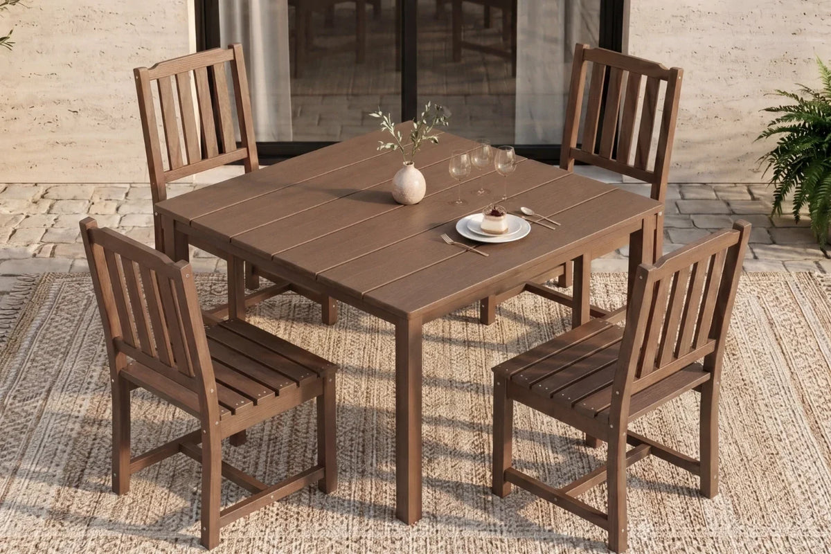 Brown outdoor dining set with table and 4 armless chairs on a patio.