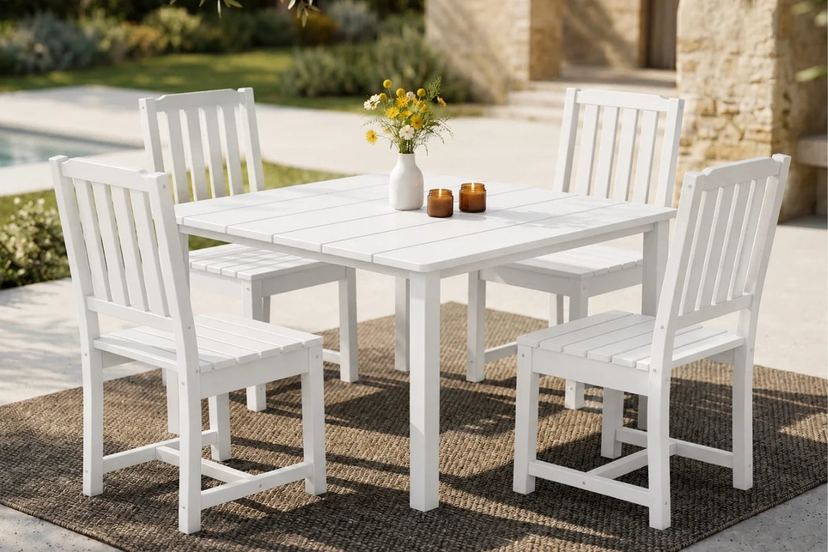 White outdoor dining set with four armless chairs on a patio.