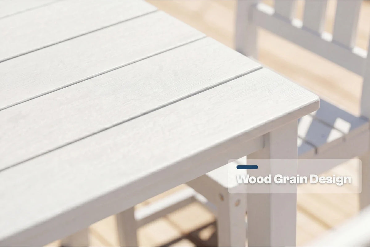 White HDPE table with a wood grain design label