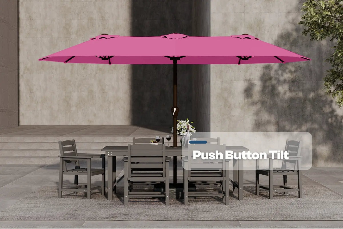 Pink patio umbrella with push button tilt feature over a dining table set.