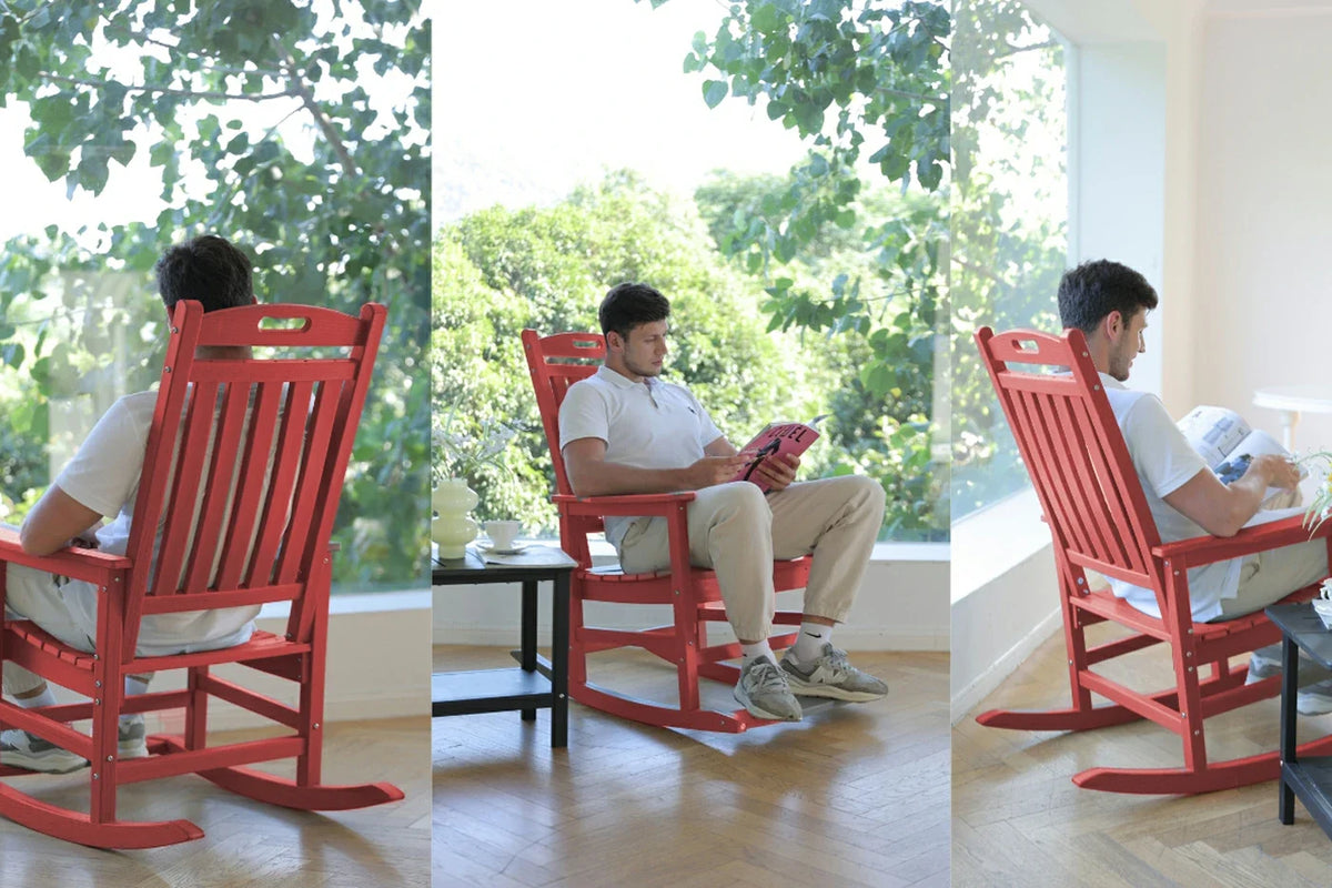 Red rocking chair with a person sitting in various settings