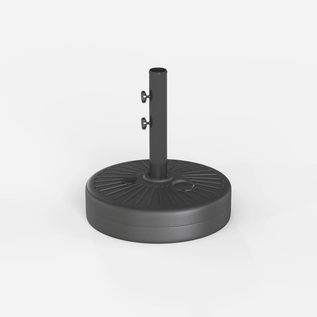 Black patio umbrella base on a white background