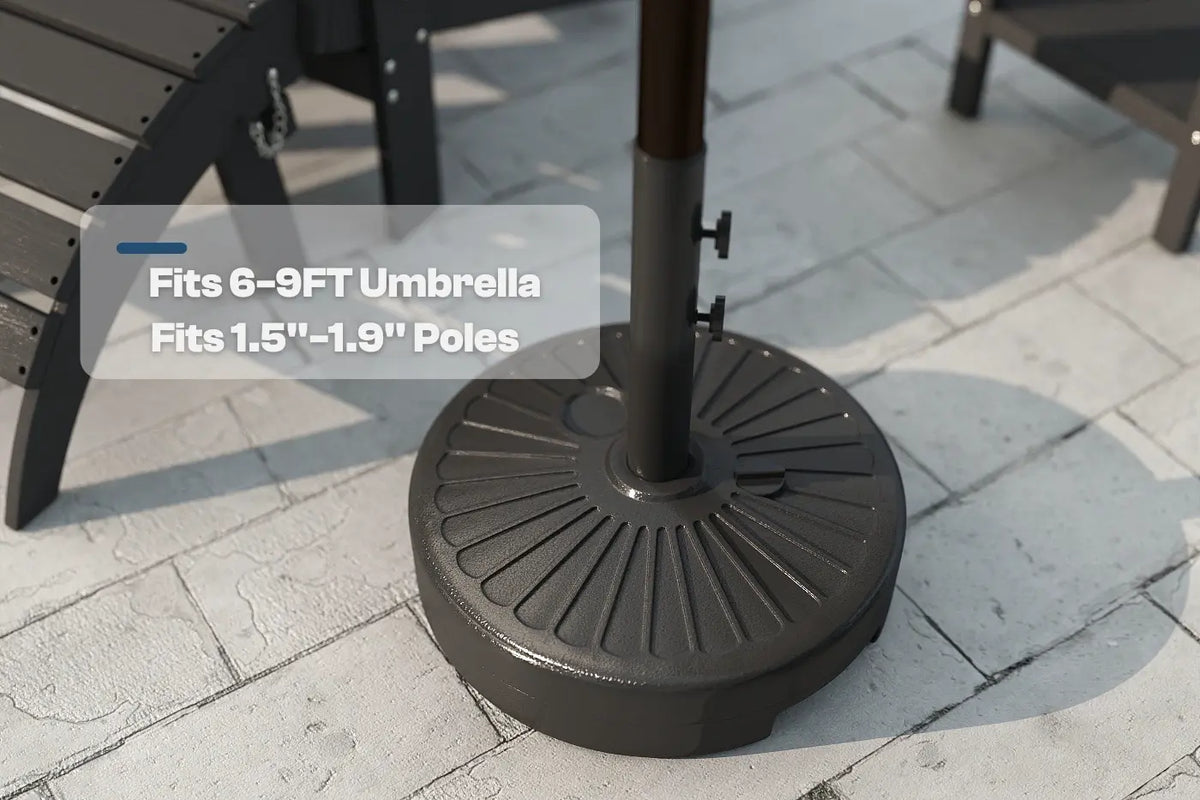 Patio umbrella base on a tiled floor with text indicating size compatibility.