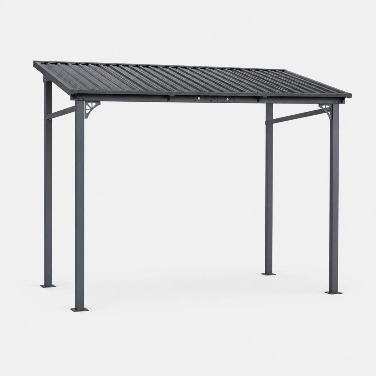 A dark gray wall-mounted hardtop gazebo with a slatted roof and four support legs, shown against a plain light gray background.