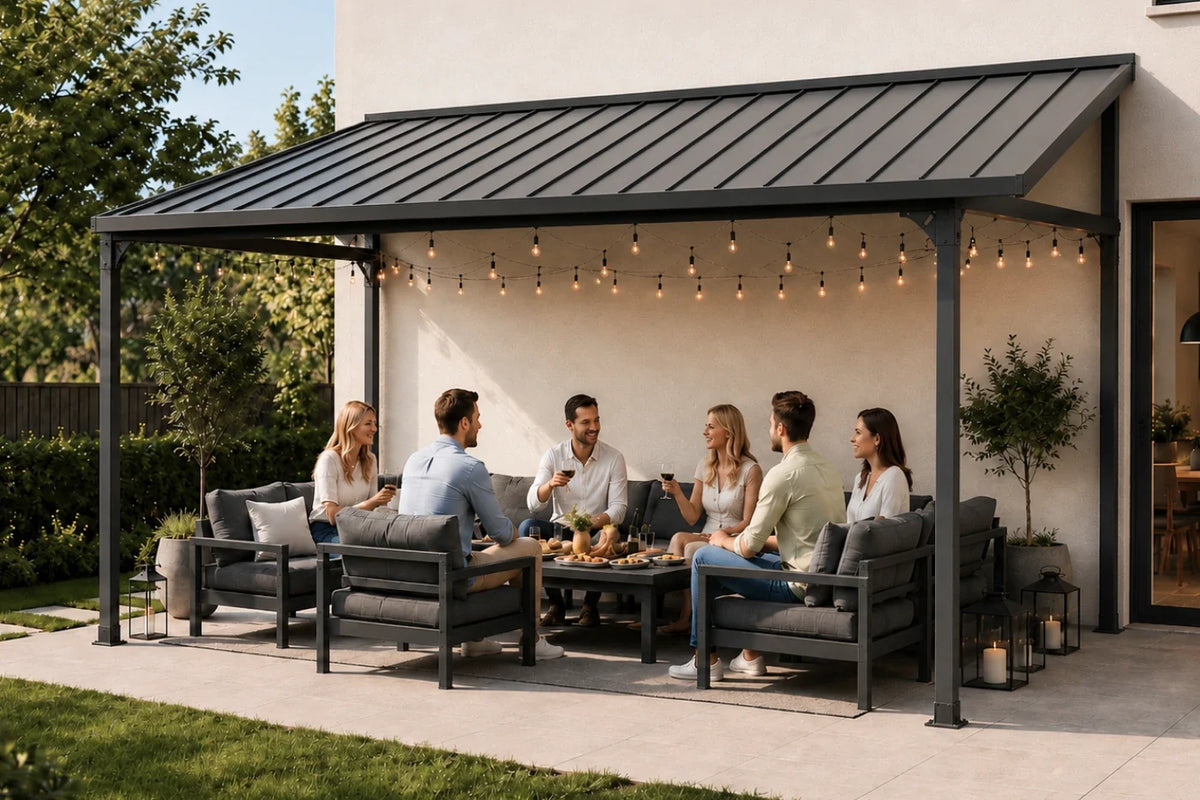 A wall-mounted hardtop gazebo with an attached seating area, shown outdoors with six people gathered underneath on gray outdoor furniture under warm string lights.