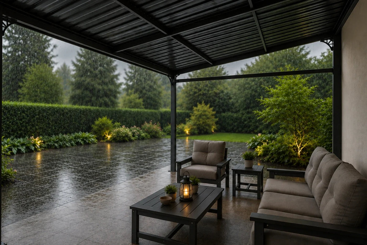 Outdoor patio furniture set on a wall-mounted hardtop gazebo with a wet stone patio and landscaped garden in the background. The set includes a sofa, two armchairs, a coffee table, and side tables with lit lanterns and plants.